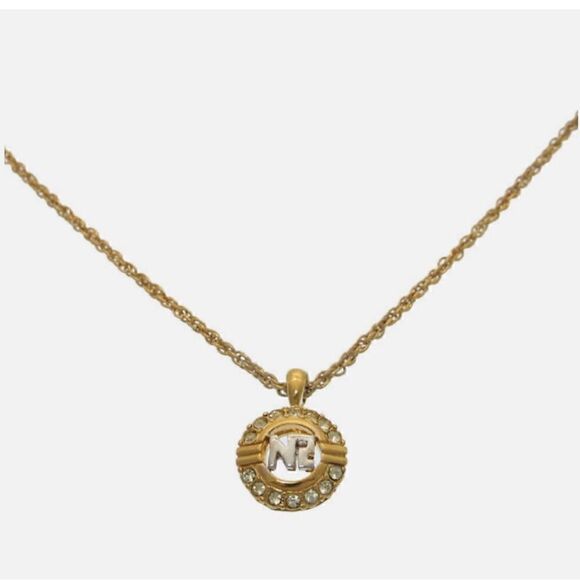 Nina Ricci Signed Gold Plated Necklace with Gold/Silver Logo Pendant/Crystals. - Picture 3 of 9